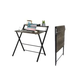 Functional 2-Tier Folding Desk with Sturdy Metal Frame, Space-Saving Assembly Foldable Writing Table